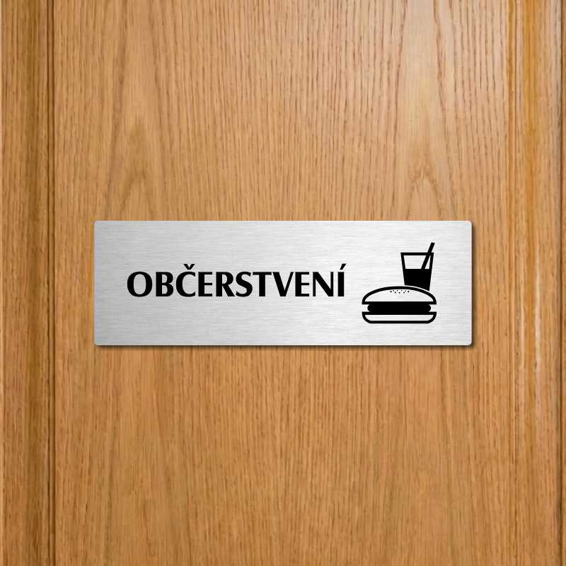 Občerstvení, 240x79mm, stříbrná popiska s imitacemi šroubků